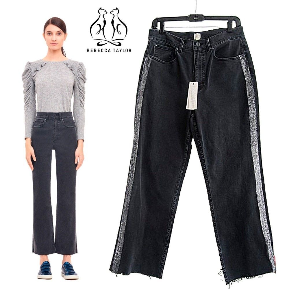 REBECCA TAYLOR LA VIE NEW Glam Rock Glitter Tuxedo Stripe Kick Flare Jean 30